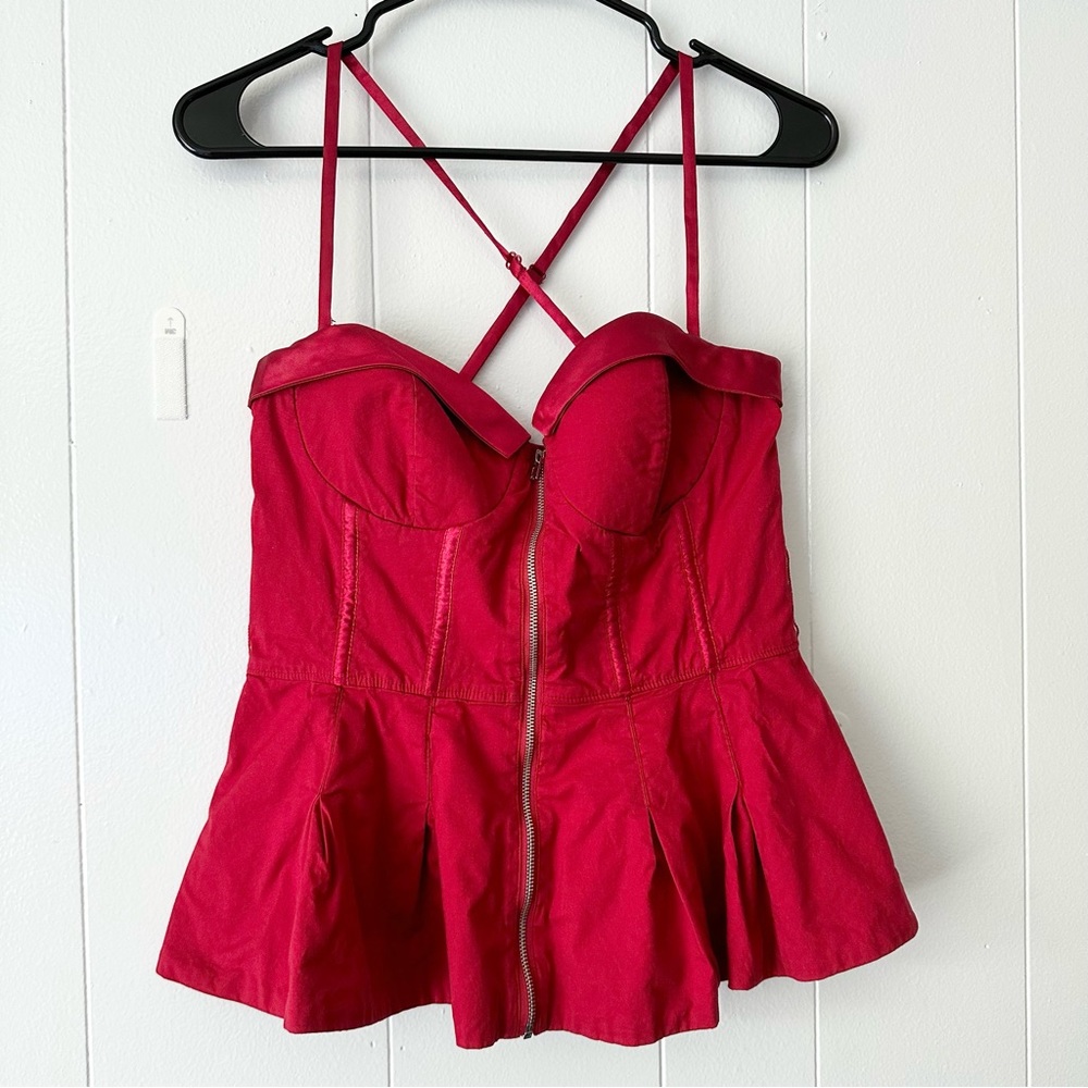 2B Bebe Red Zip-Front Bustier Peplum Top